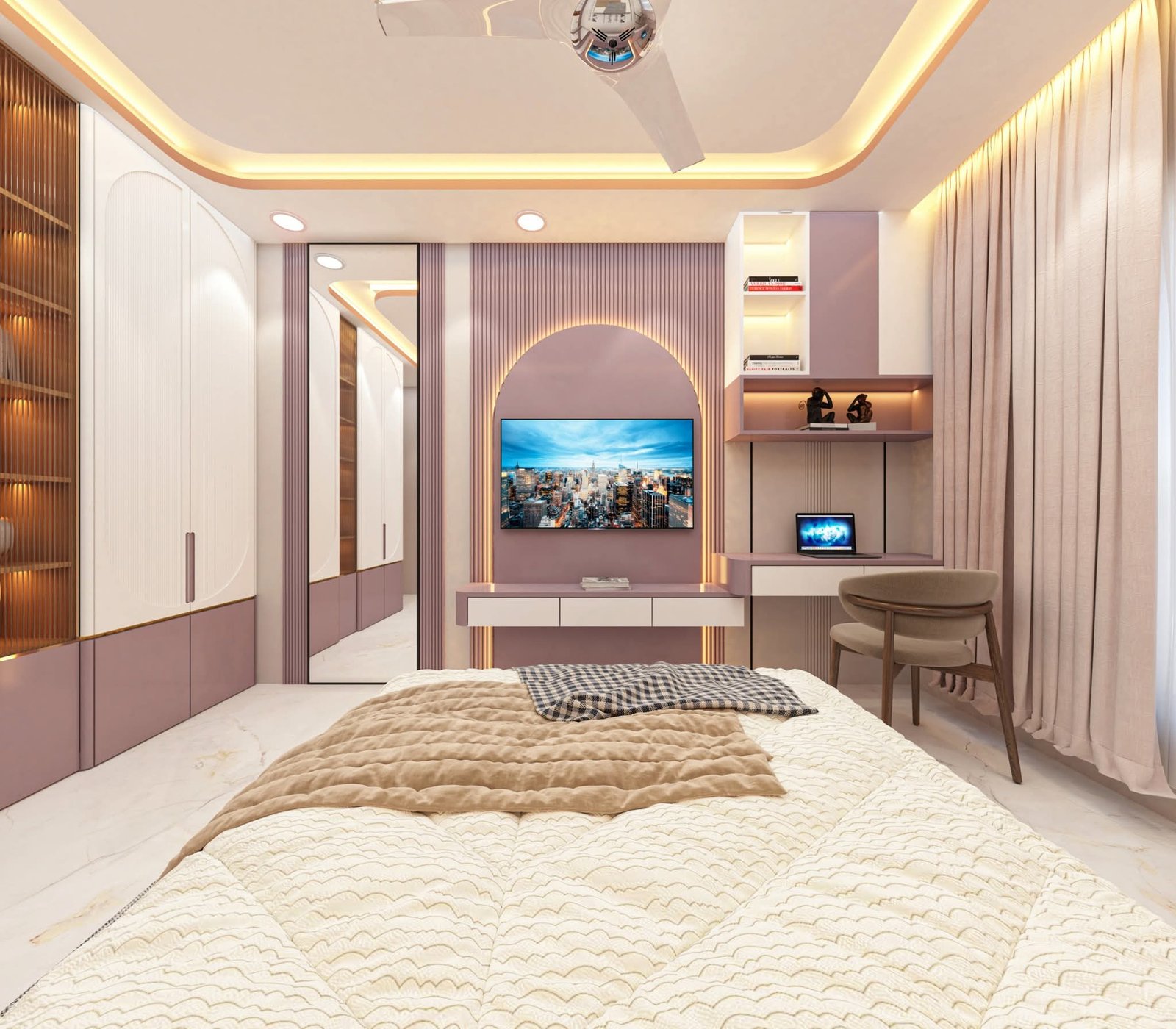 Modern Bedroom Interior with Integrated TV Unit & Study Area